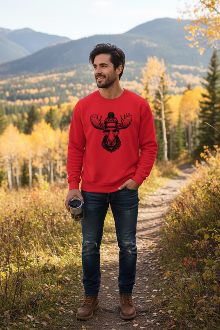 Red sweatshirt with a moose wearing a beanie and sunglasses