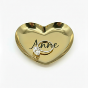 Gold Heart Ring Dish with Diamond Ring showing the custom engraved name