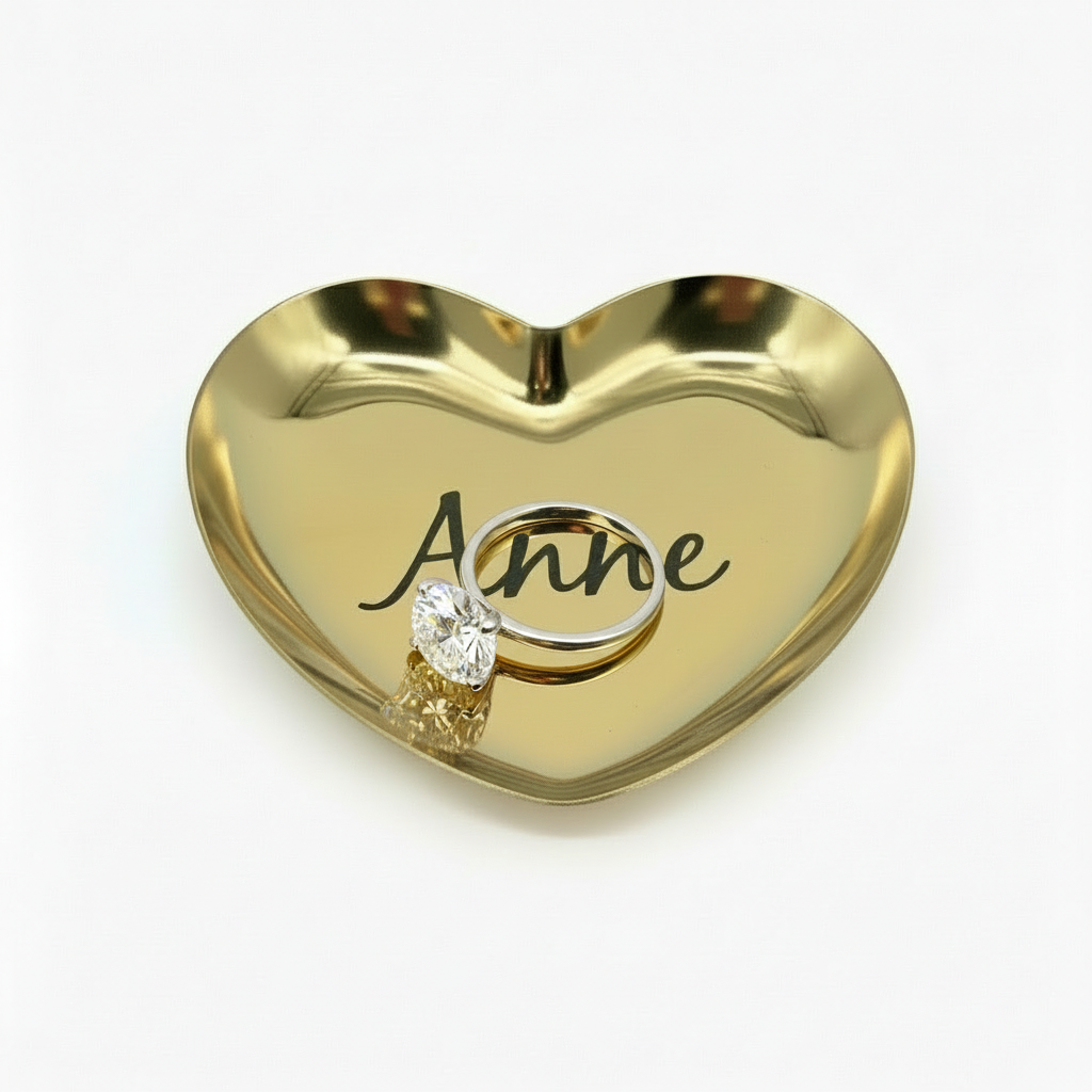 Gold Heart Ring Dish with Diamond Ring showing the custom engraved name