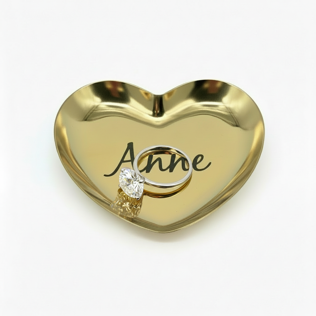 Gold Heart Ring Dish with Diamond Ring showing the custom engraved name