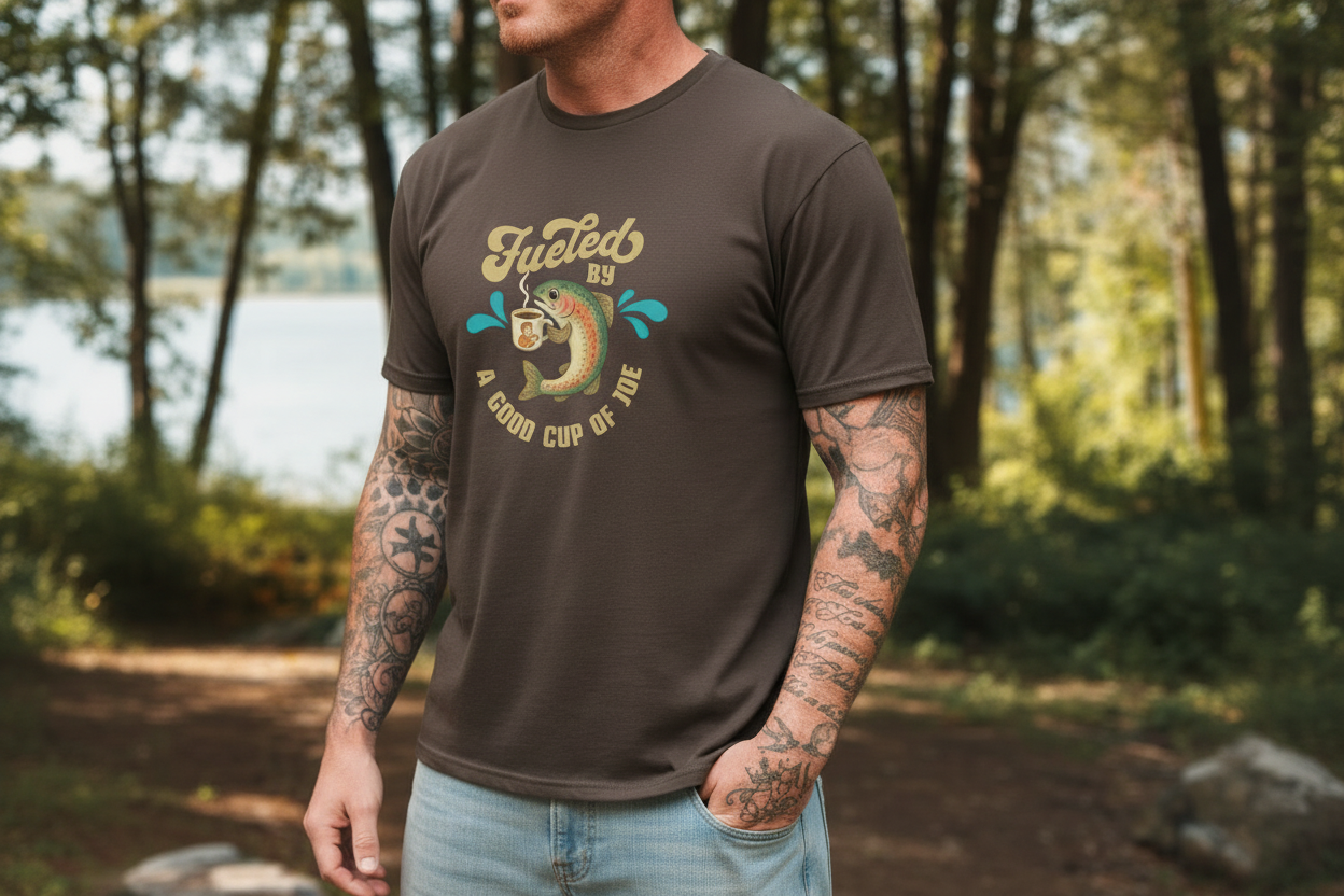 Good Cup of Joe on brown Gildan t-shirt