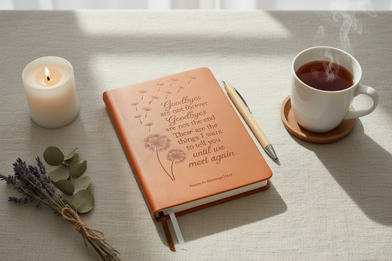 Grief Journal in brown with a cup of coffee and candle