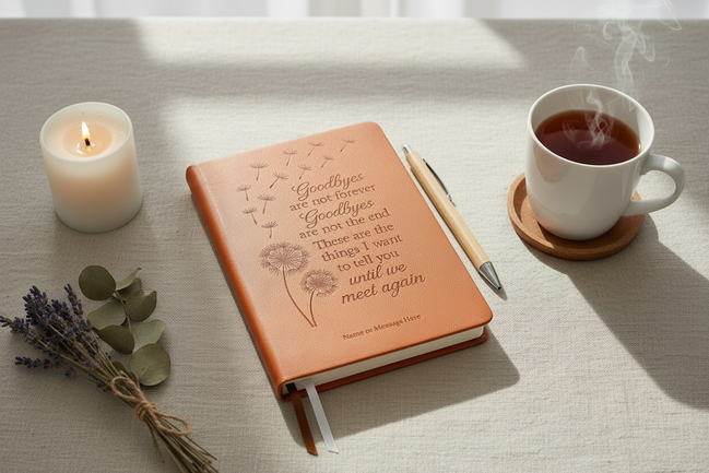 Grief Journal in brown with a cup of coffee and candle