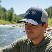 Heather Navy/Light Grey Fly Fishing Hat on Model