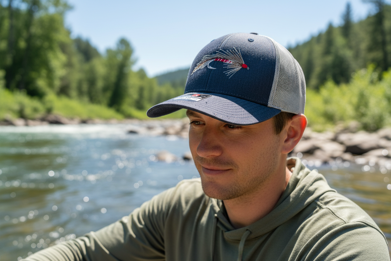 Heather Navy/Light Grey Fly Fishing Hat on Model