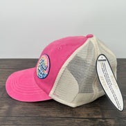 Side view of pink and beige feral mom hat