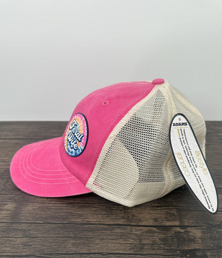 Side view of pink and beige feral mom hat