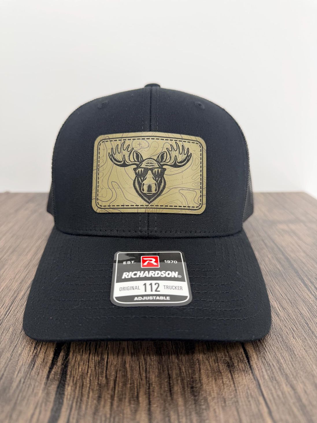 Moose Hat, Moose Trucker Hat, Richardson 112 Hat, Moose with Sunglasses, Leather Patch Hat, Outdoorsman Gift for Men