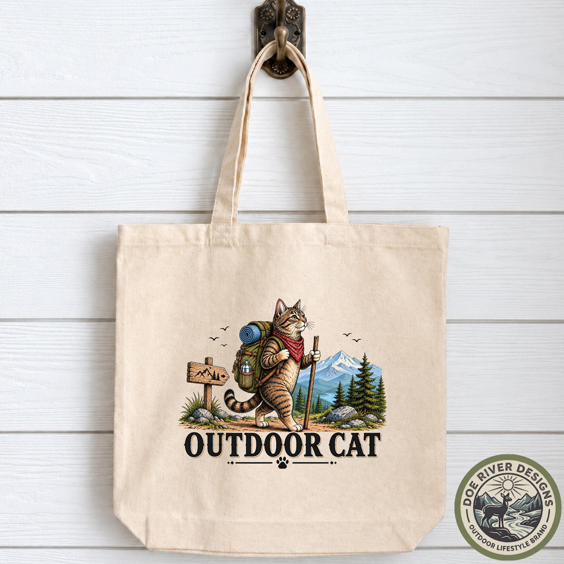 Outdoor Cat Tote Bag, Adventure Cat Bag, Cat Lover Gift, Hiking Cat Tote, Camping Cat Gift, Nature Lover Tote, Cat Mom Gift