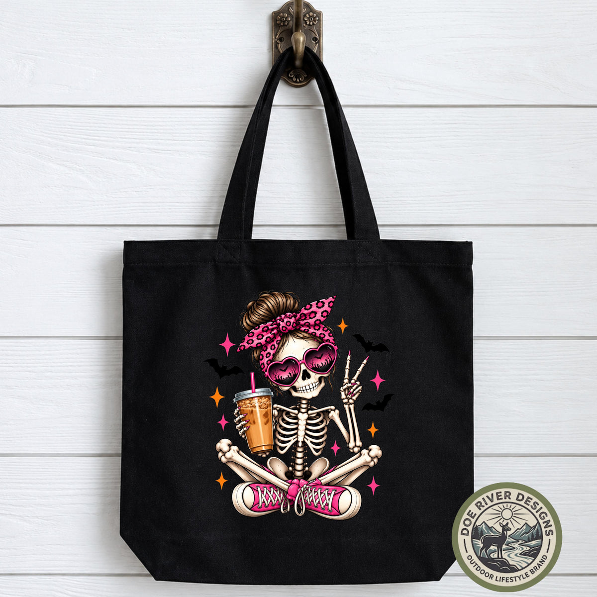 Skeleton Coffee Tote Bag, Coffee Lover Tote, Pink Skeleton Bag, Spooky Cute Tote, Caffeine Lover Gift, Coffee Gift for Her