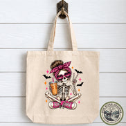 Skeleton Coffee Tote Bag, Coffee Lover Tote, Pink Skeleton Bag, Spooky Cute Tote, Caffeine Lover Gift, Coffee Gift for Her