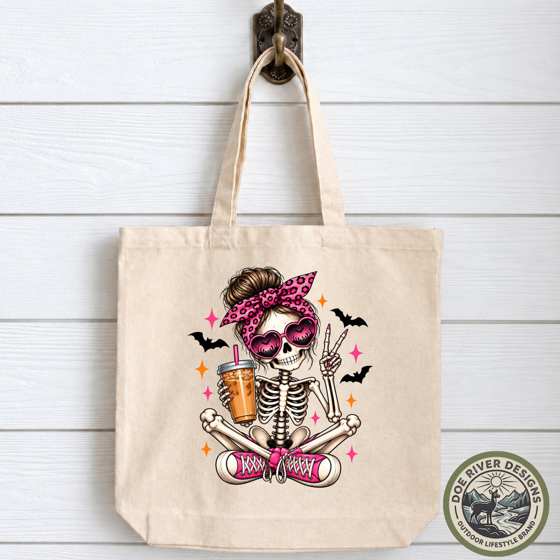 Skeleton Coffee Tote Bag, Coffee Lover Tote, Pink Skeleton Bag, Spooky Cute Tote, Caffeine Lover Gift, Coffee Gift for Her