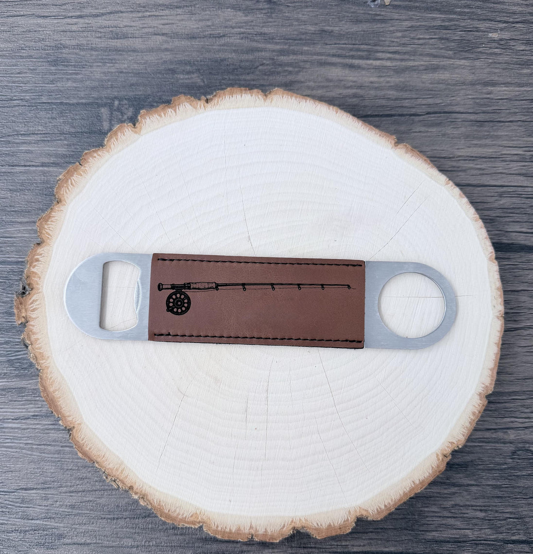 Fly Fishing Bottle Opener, Laser Engraved Leatherette Opener, Fly Fisherman Gift, Angler Gift, Fishing Gift for Men, Rod and Reel Gift