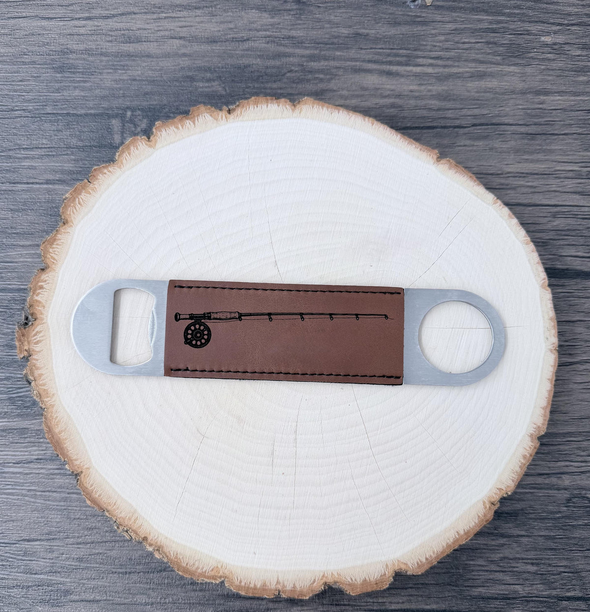 Fly Fishing Bottle Opener, Laser Engraved Leatherette Opener, Fly Fisherman Gift, Angler Gift, Fishing Gift for Men, Rod and Reel Gift