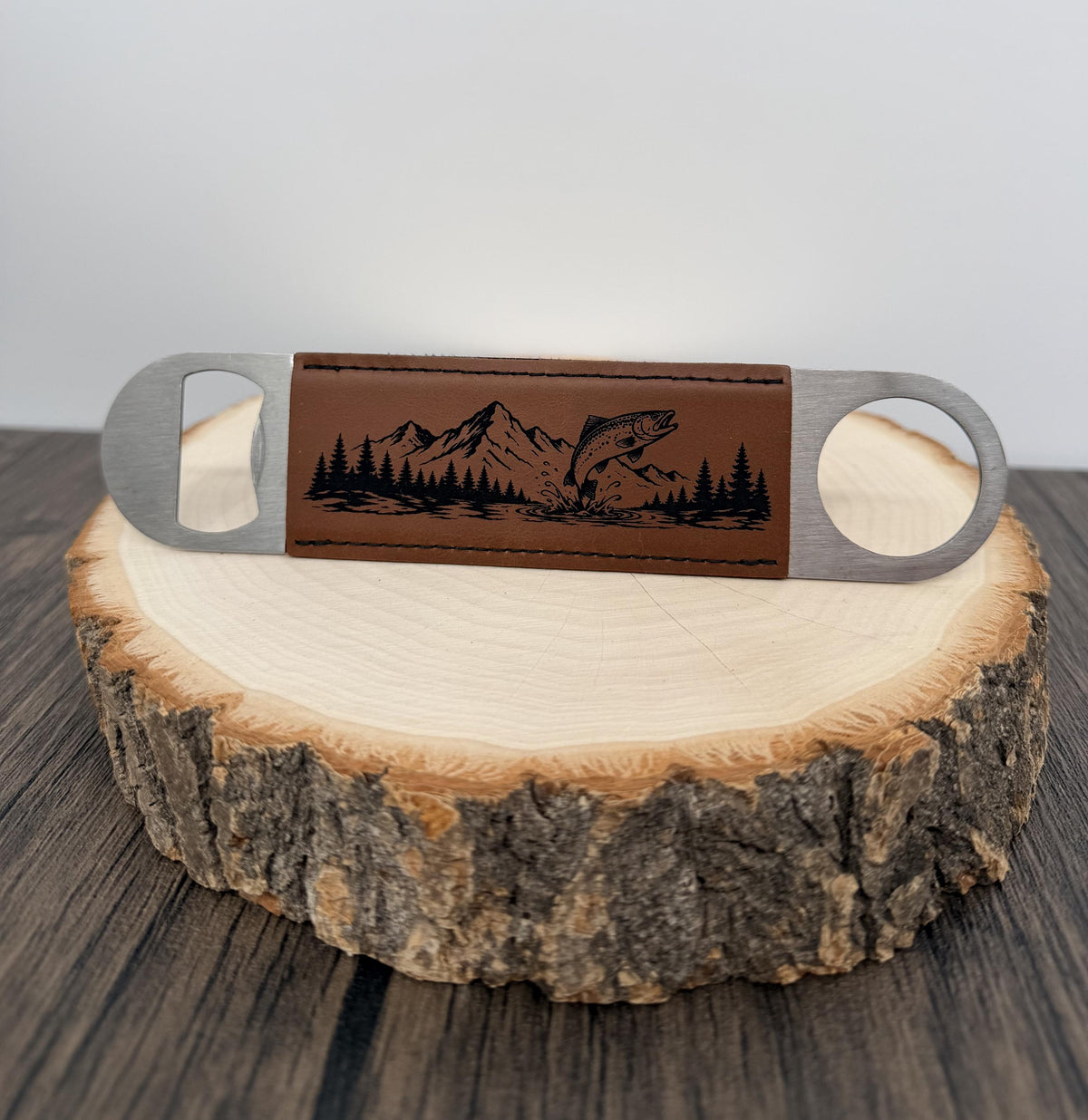 Fly Fishing Bottle Opener, Laser Engraved Leatherette Opener, Fly Fisherman Gift, Fishing Gift for Men, Angler Gift, Mountain River Gift