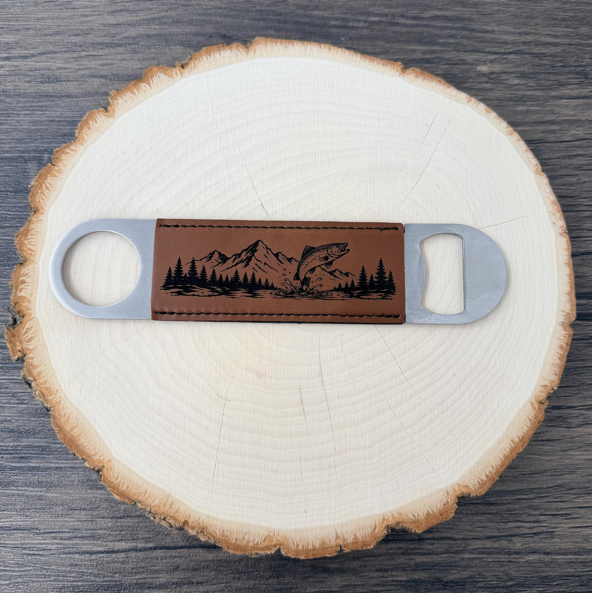 Fly Fishing Bottle Opener, Laser Engraved Leatherette Opener, Fly Fisherman Gift, Fishing Gift for Men, Angler Gift, Mountain River Gift
