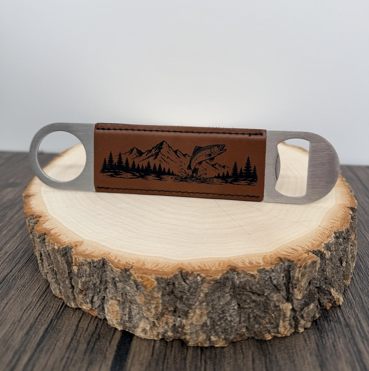 Fly Fishing Bottle Opener, Laser Engraved Leatherette Opener, Fly Fisherman Gift, Fishing Gift for Men, Angler Gift, Mountain River Gift