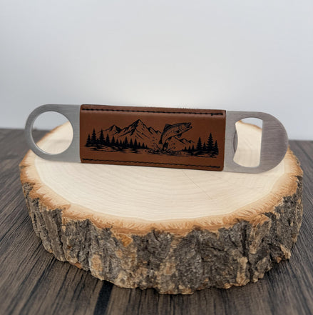 Fly Fishing Bottle Opener, Laser Engraved Leatherette Opener, Fly Fisherman Gift, Fishing Gift for Men, Angler Gift, Mountain River Gift