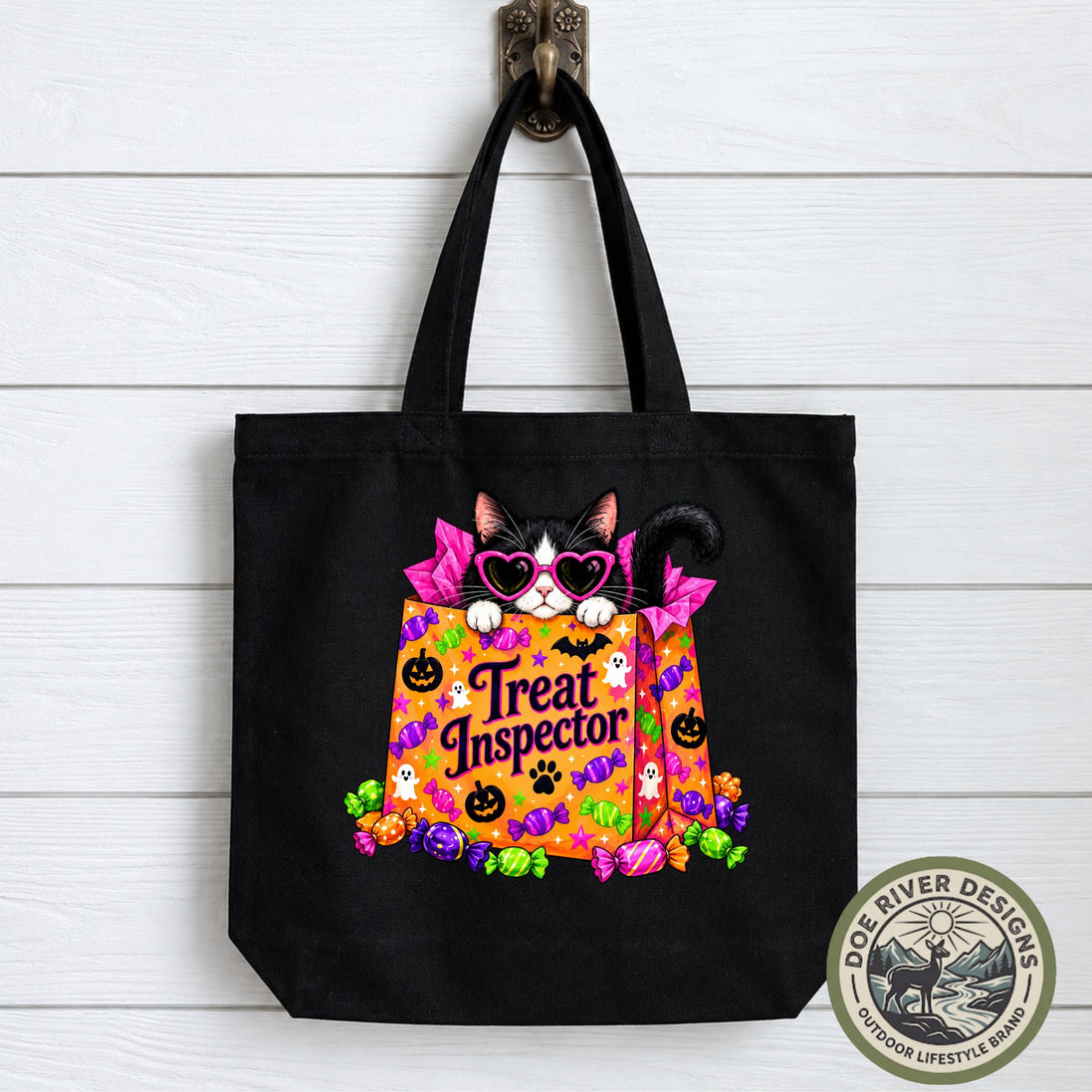 Halloween Cat Tote Bag, Treat Inspector Tote, Black Cat Bag, Cat Lover Gift, Spooky Season Tote, Halloween Gift, Trick or Treat Bag