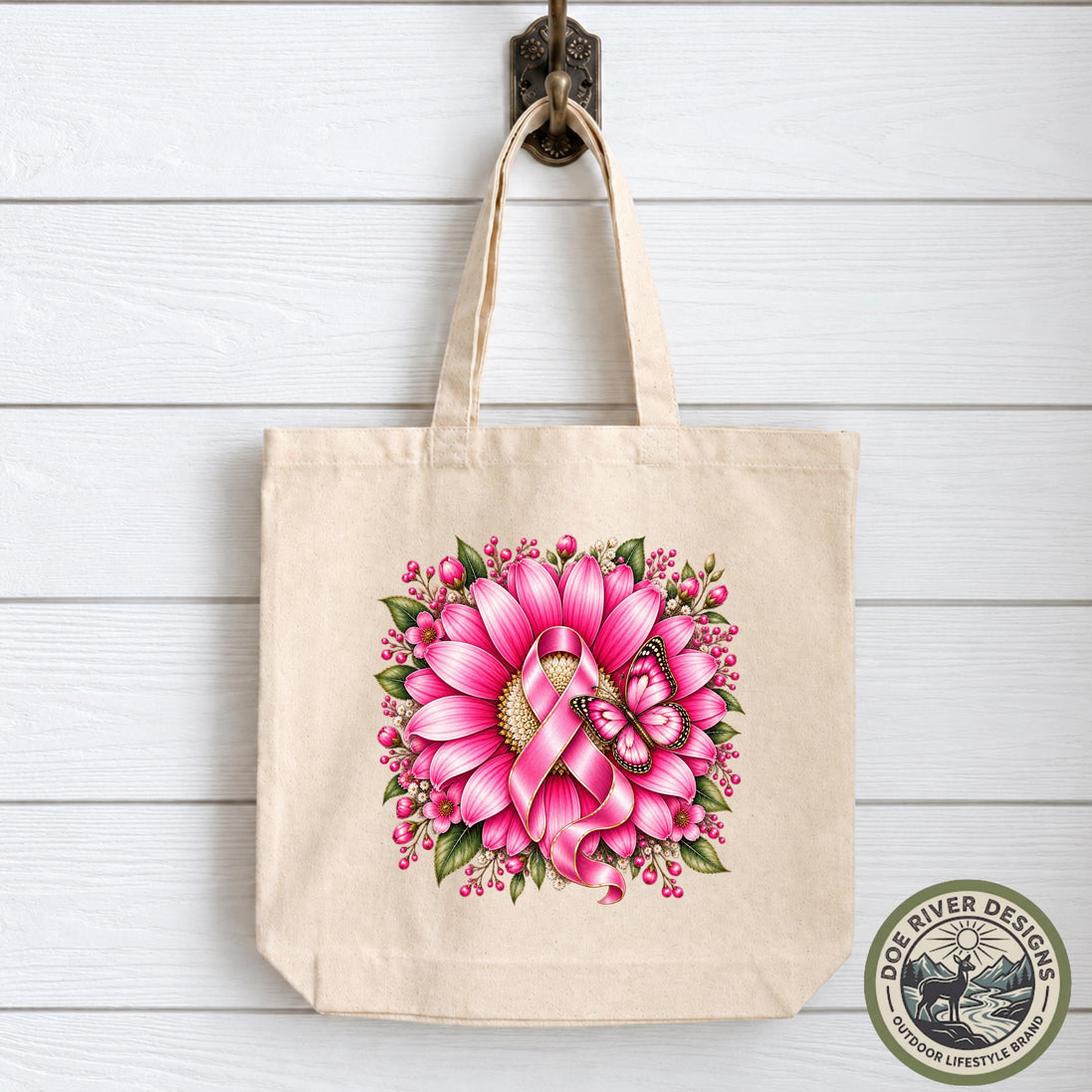 Breast Cancer Awareness Tote Bag, Floral Pink Ribbon Tote, Breast Cancer Gift, Cancer Support Bag, Canvas Tote Bag