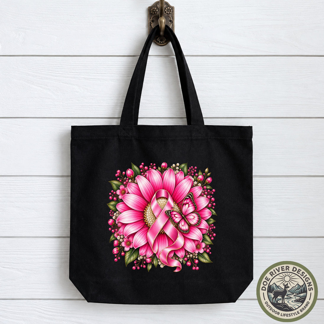 Breast Cancer Awareness Tote Bag, Floral Pink Ribbon Tote, Breast Cancer Gift, Cancer Support Bag, Canvas Tote Bag