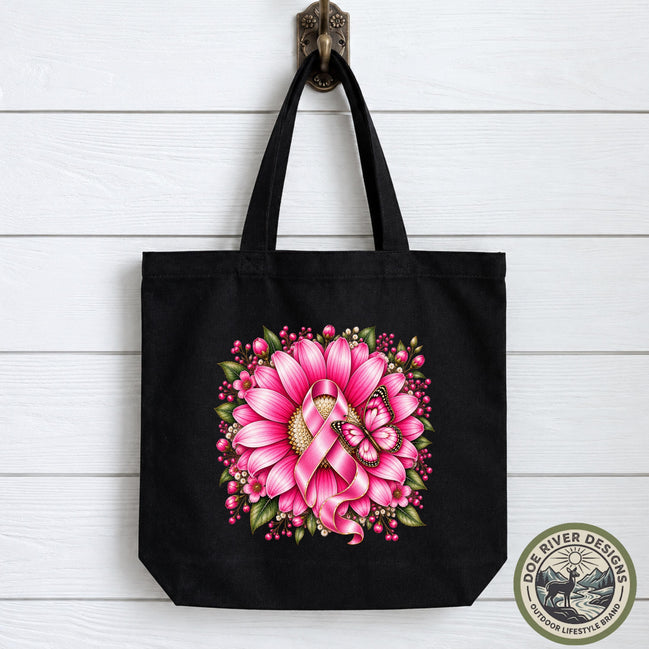 Breast Cancer Awareness Tote Bag, Floral Pink Ribbon Tote, Breast Cancer Gift, Cancer Support Bag, Canvas Tote Bag