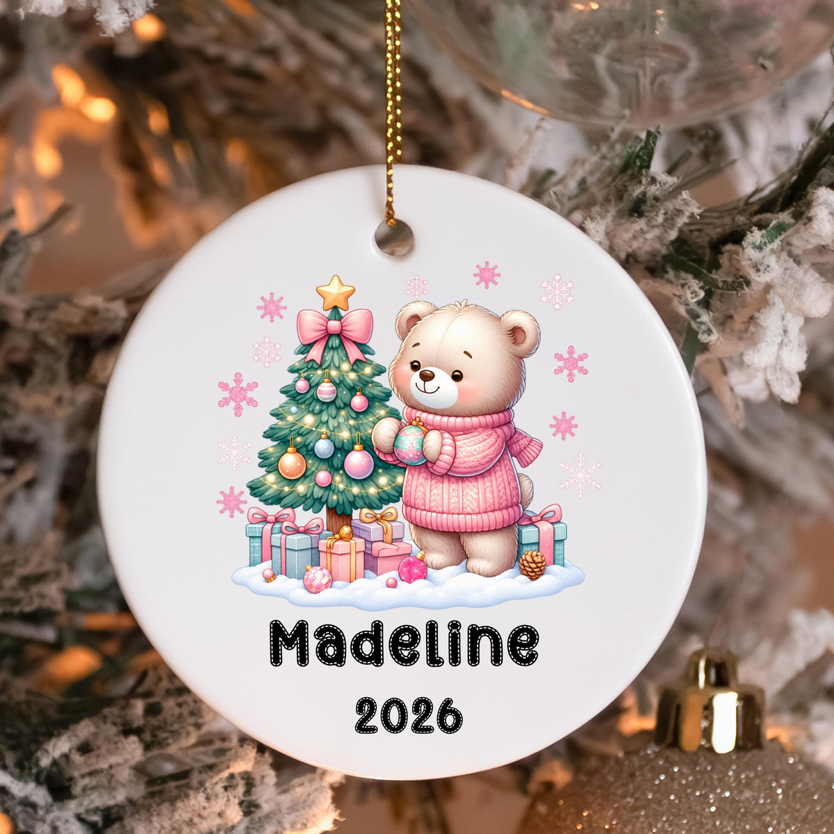 Personalized Teddy Bear Christmas Ornament, Custom Name Ornament, Girl Christmas Ornament, Pink Bear Ornament, Baby First Ornament