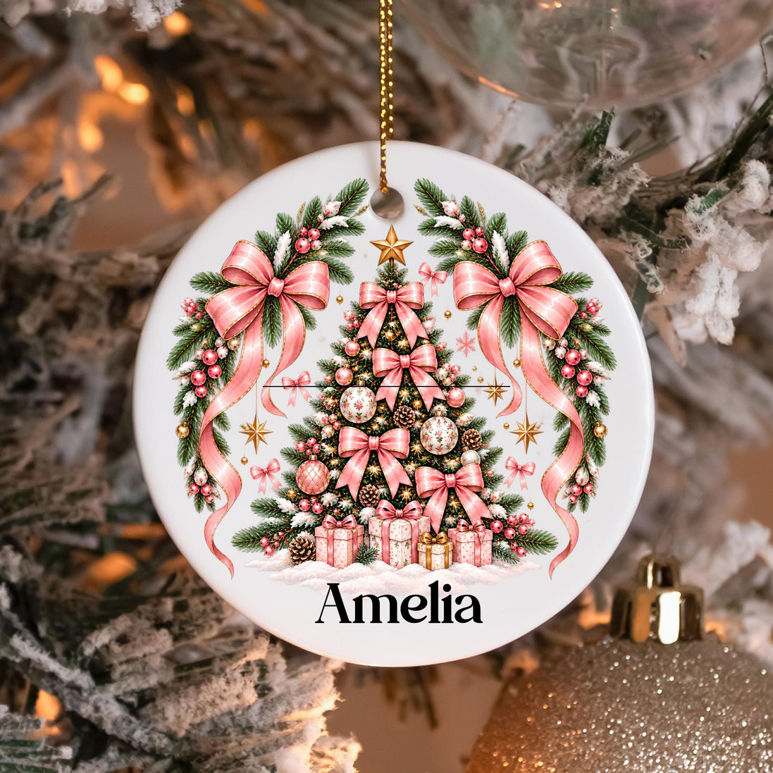 Personalized Coquette Christmas Ornament, Pink Christmas Tree Ornament, Custom Name Girl Ornament, Pink Bow Ornament, Girly Christmas Gift