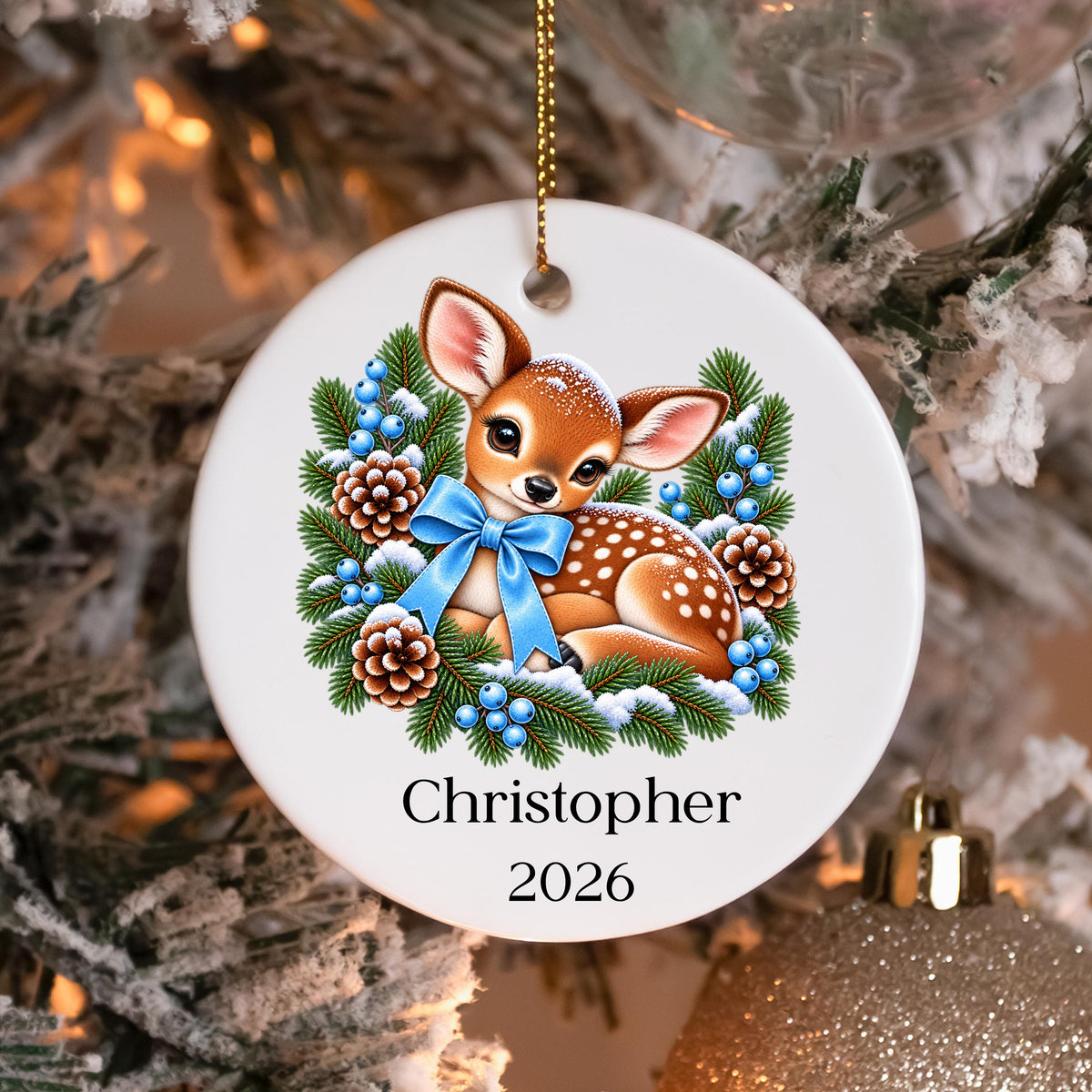 Personalized Baby Boy Christmas Ornament, Baby Deer Ornament, Custom Name Fawn Ornament, Woodland Christmas Keepsake, Gift for Grandson