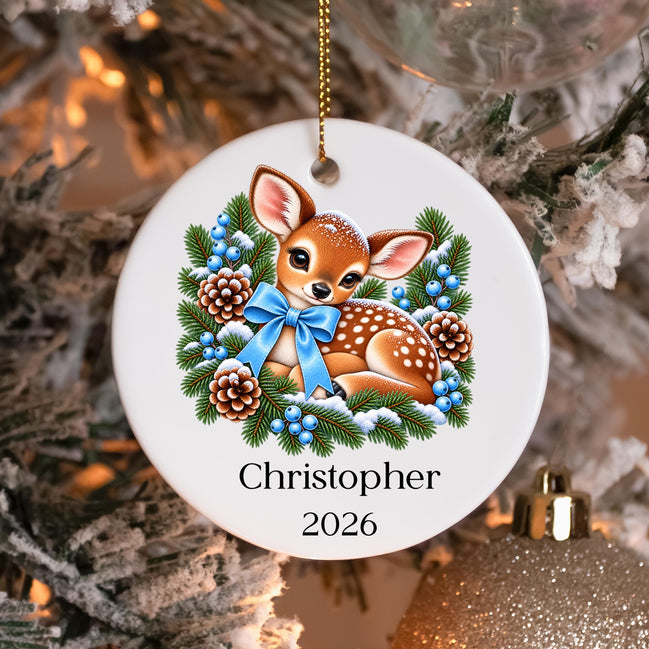 Personalized Baby Boy Christmas Ornament, Baby Deer Ornament, Custom Name Fawn Ornament, Woodland Christmas Keepsake, Gift for Grandson