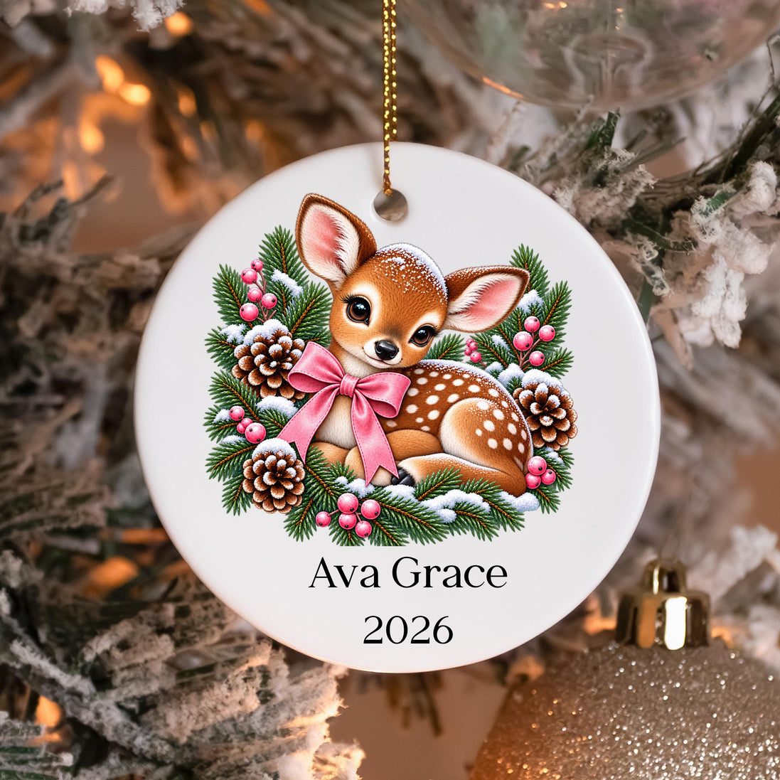 Personalized Baby Deer Christmas Ornament, Custom Name Fawn Ornament, Woodland Christmas Keepsake, Baby Girl Ornament, Deer Christmas Gift