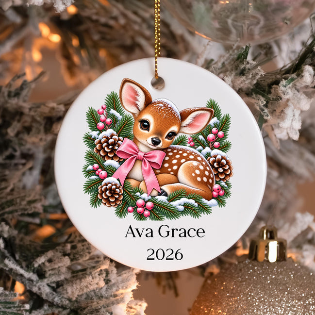 Personalized Baby Deer Christmas Ornament, Custom Name Fawn Ornament, Woodland Christmas Keepsake, Baby Girl Ornament, Deer Christmas Gift