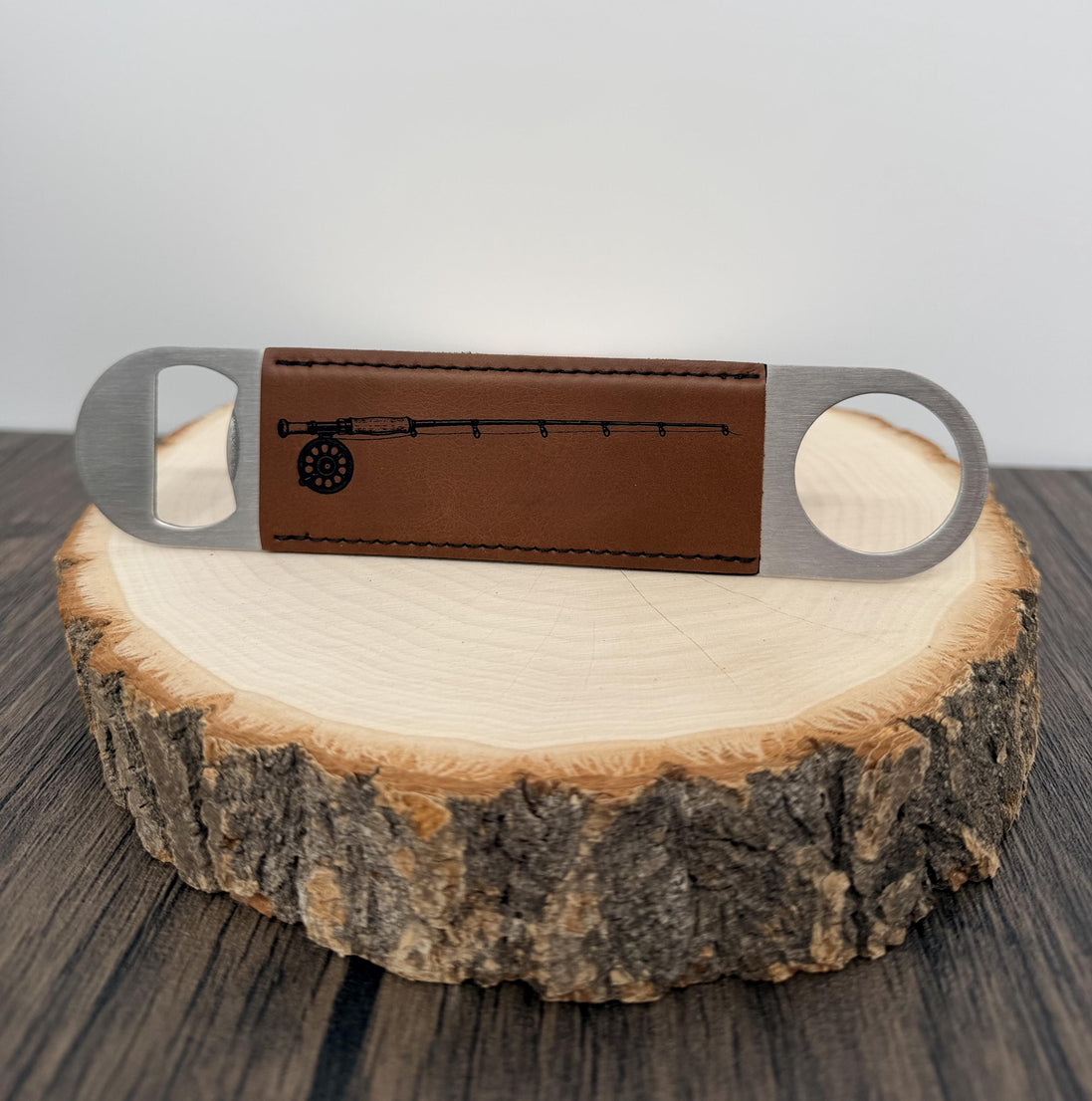 Fly Fishing Bottle Opener, Laser Engraved Leatherette Opener, Fly Fisherman Gift, Angler Gift, Fishing Gift for Men, Rod and Reel Gift