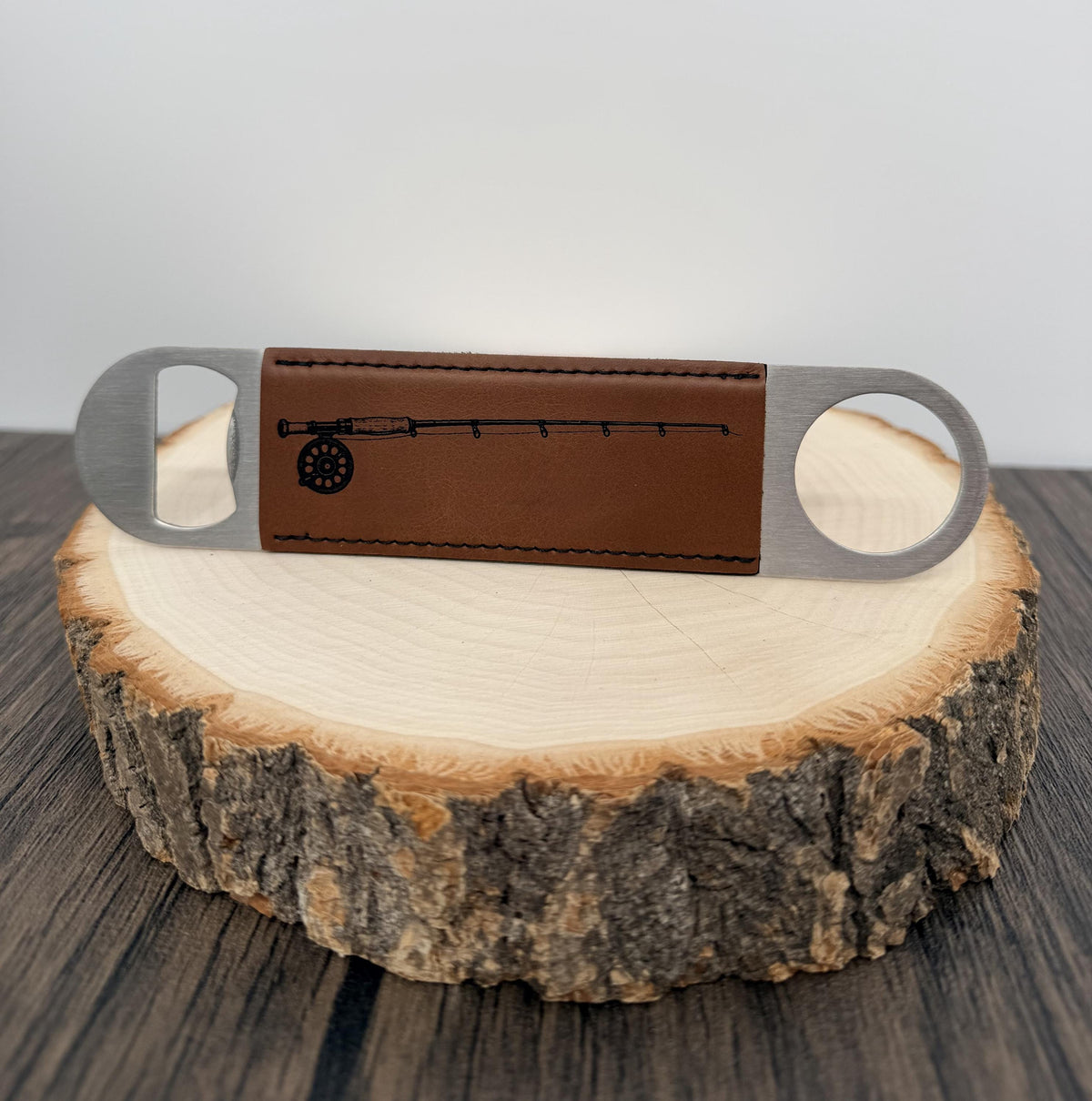 Fly Fishing Bottle Opener, Laser Engraved Leatherette Opener, Fly Fisherman Gift, Angler Gift, Fishing Gift for Men, Rod and Reel Gift