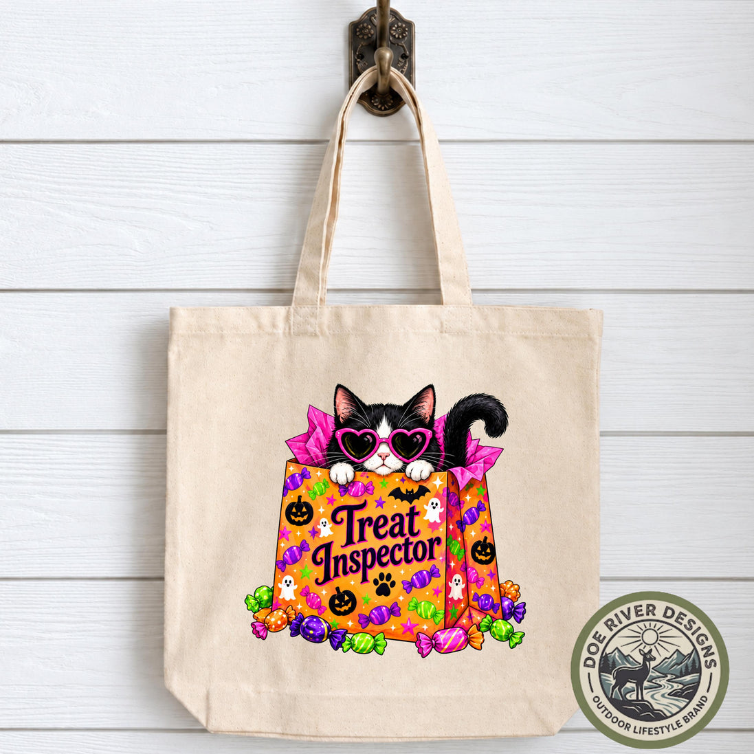 Halloween Cat Tote Bag, Treat Inspector Tote, Black Cat Bag, Cat Lover Gift, Spooky Season Tote, Halloween Gift, Trick or Treat Bag