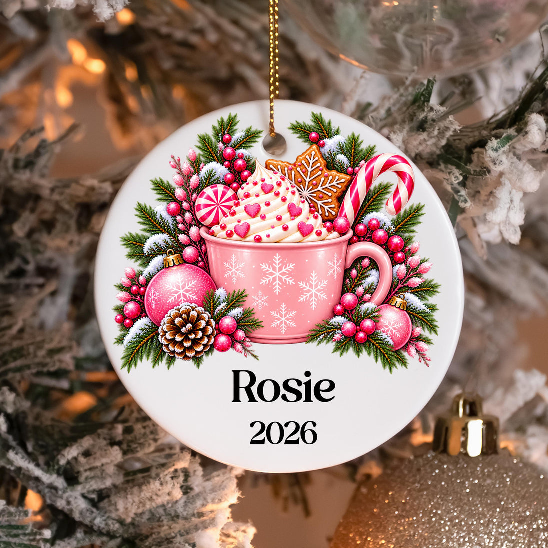 Personalized Hot Cocoa Ornament, Pink Christmas Ornament, Custom Name Ceramic Ornament, Coquette Christmas Gift, Hot Chocolate Keepsake