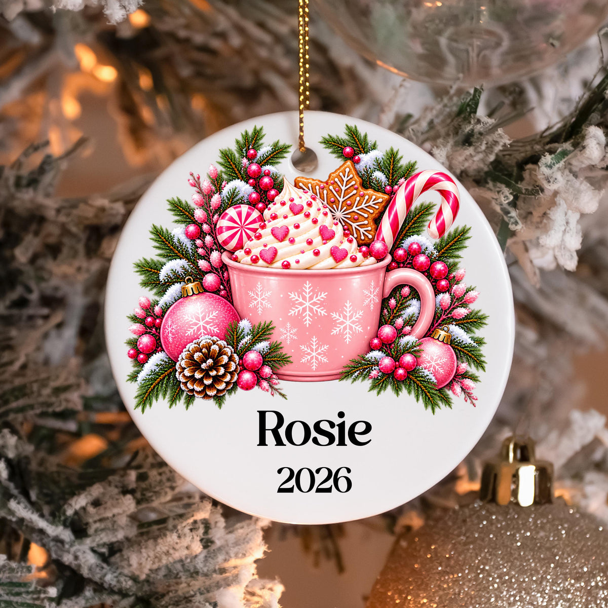 Personalized Hot Cocoa Ornament, Pink Christmas Ornament, Custom Name Ceramic Ornament, Coquette Christmas Gift, Hot Chocolate Keepsake
