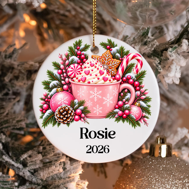 Personalized Hot Cocoa Ornament, Pink Christmas Ornament, Custom Name Ceramic Ornament, Coquette Christmas Gift, Hot Chocolate Keepsake