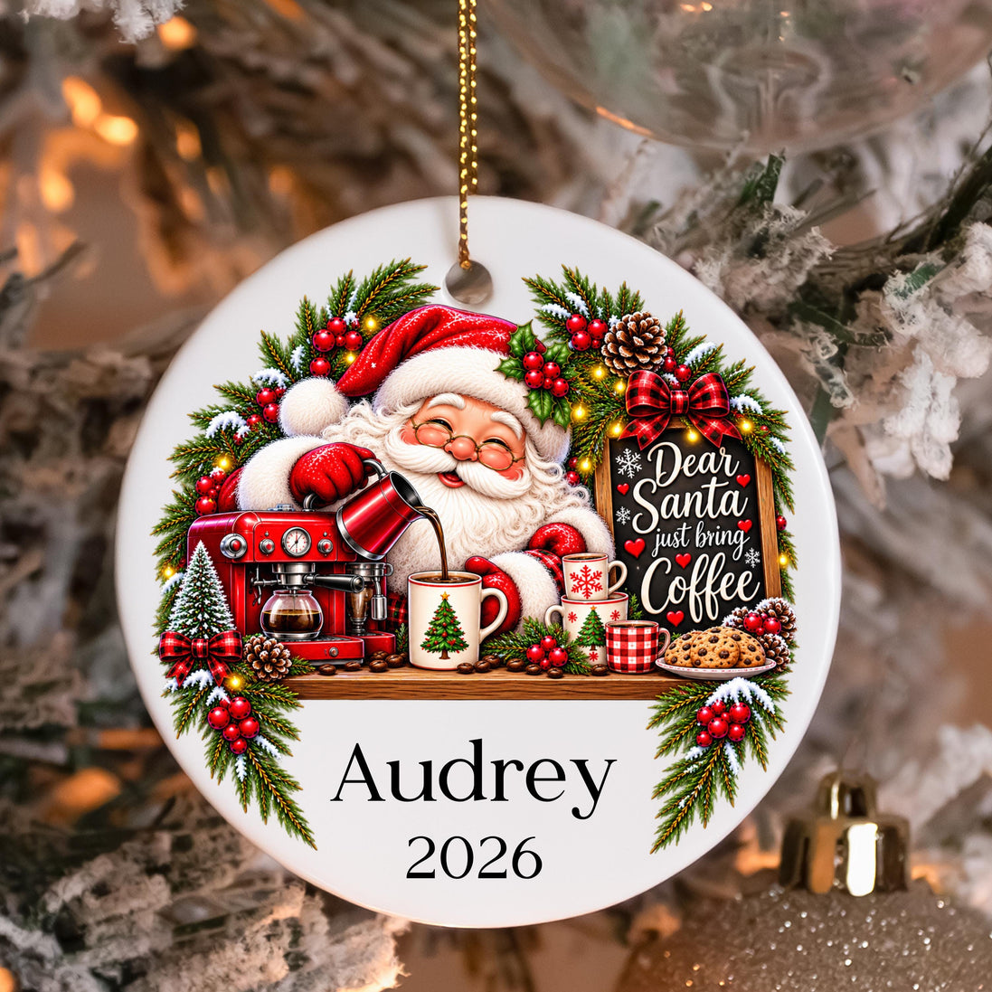 Personalized Coffee Christmas Ornament, Santa Coffee Ornament, Custom Name Ceramic Ornament, Coffee Lover Gift, Christmas Keepsake