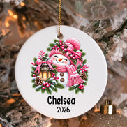 Personalized Pink Snowman Ornament, Custom Name Ceramic Christmas Ornament, Girl Christmas Gift, Kids Ornament, Snowman Keepsake