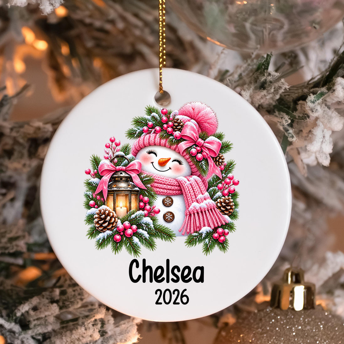 Personalized Pink Snowman Ornament, Custom Name Ceramic Christmas Ornament, Girl Christmas Gift, Kids Ornament, Snowman Keepsake