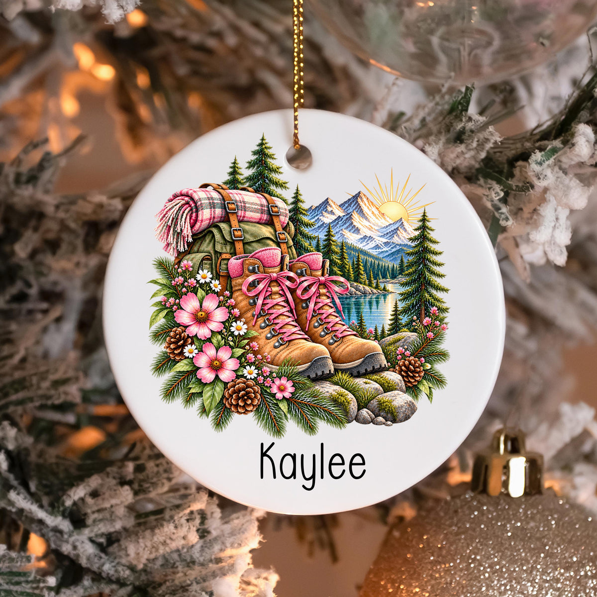 Personalized Hiking Ornament, Hiking Boots Christmas Ornament, Custom Name Hiker Gift, Mountain Lover Gift, Outdoor Adventure Keepsake