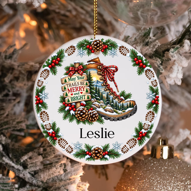 Personalized Hiking Ornament, Hiking Boot Christmas Ornament, Custom Name Hiker Gift, Outdoor Lover Gift, Mountain Adventure Christmas Gift
