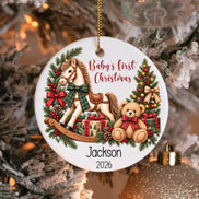 Babys First Christmas Ornament, Personalized Baby Ornament, Custom Name and Year, Rocking Horse Teddy Bear Ornament, Newborn Keepsake