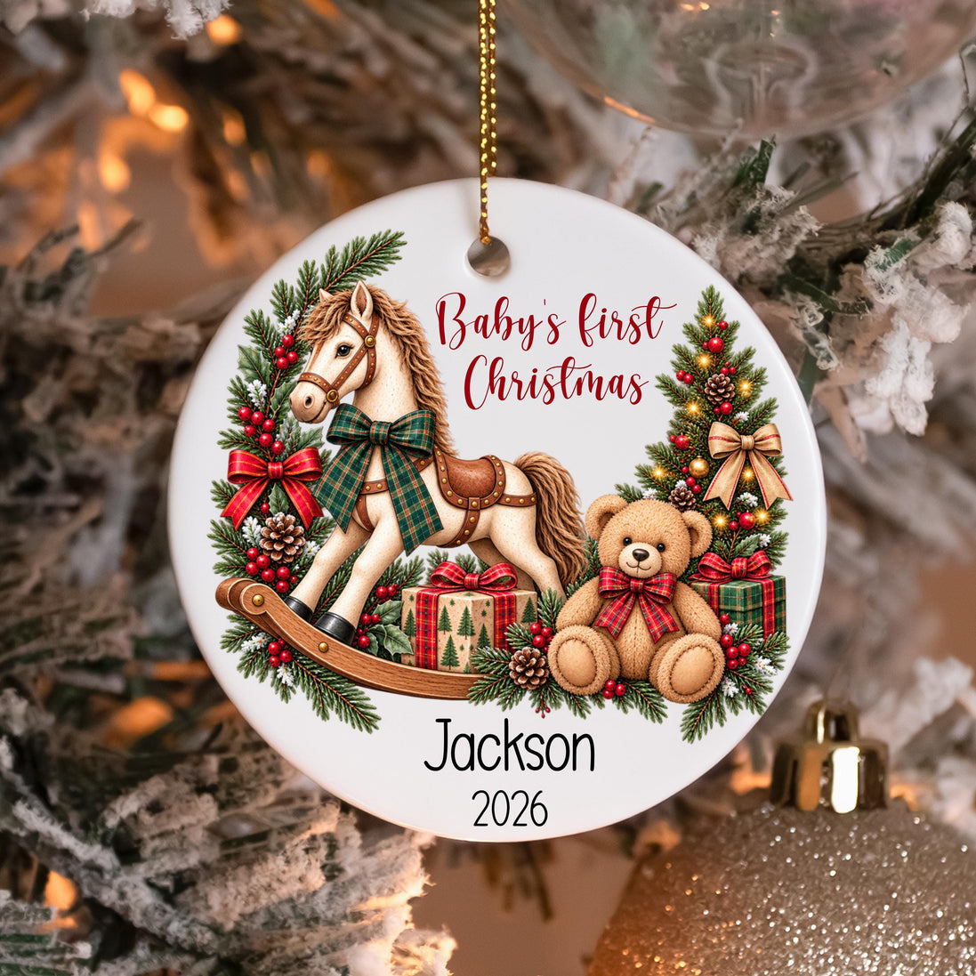 Babys First Christmas Ornament, Personalized Baby Ornament, Custom Name and Year, Rocking Horse Teddy Bear Ornament, Newborn Keepsake