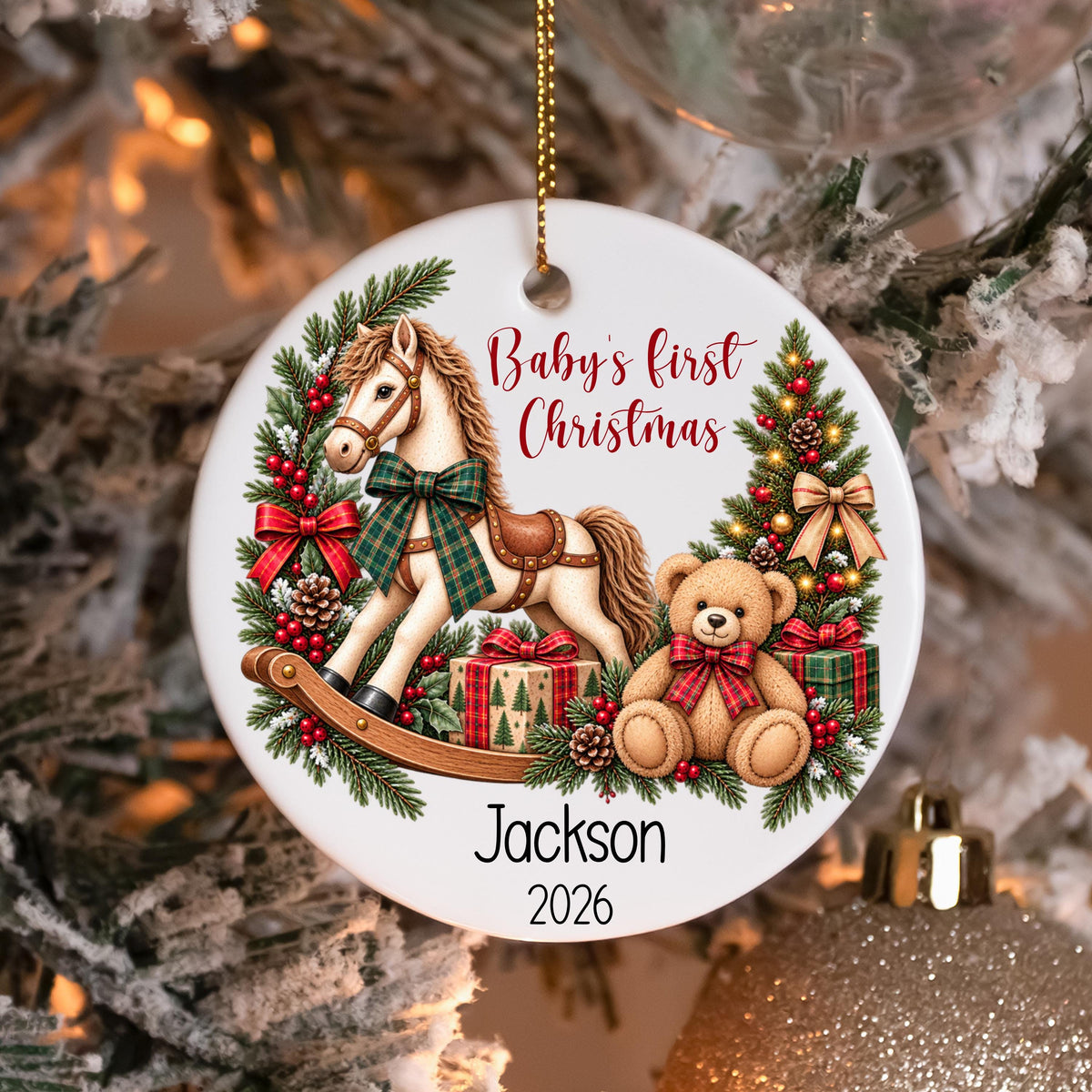 Babys First Christmas Ornament, Personalized Baby Ornament, Custom Name and Year, Rocking Horse Teddy Bear Ornament, Newborn Keepsake