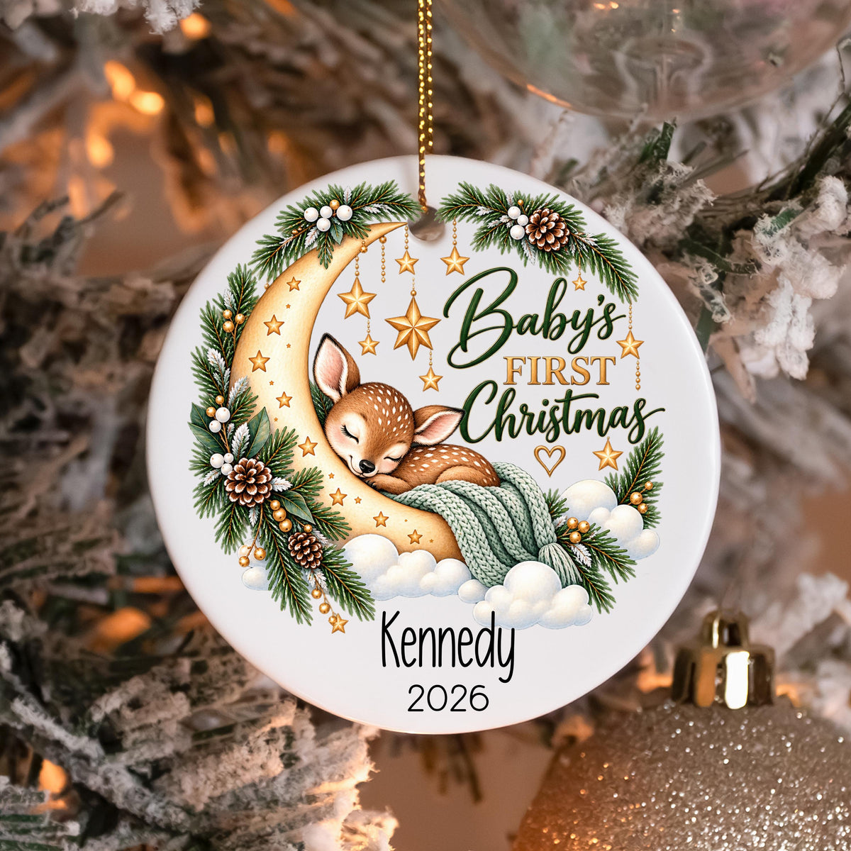 Babys First Christmas Ornament, Personalized Baby Ornament, Woodland Deer Ornament, Custom Name and Year, Newborn Keepsake, Baby Gift