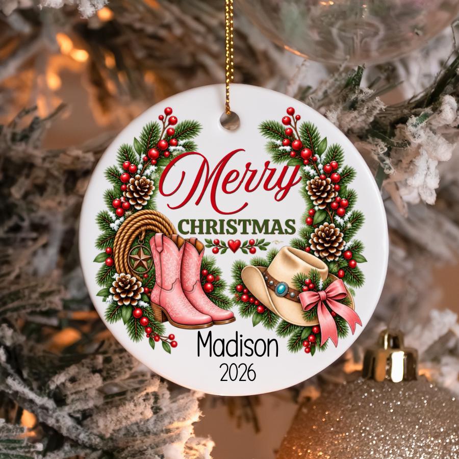 Personalized Cowgirl Christmas Ornament, Pink Cowboy Boots Ornament, Custom Name Western Ornament, Cowgirl Gift, Country Girl Christmas Gift