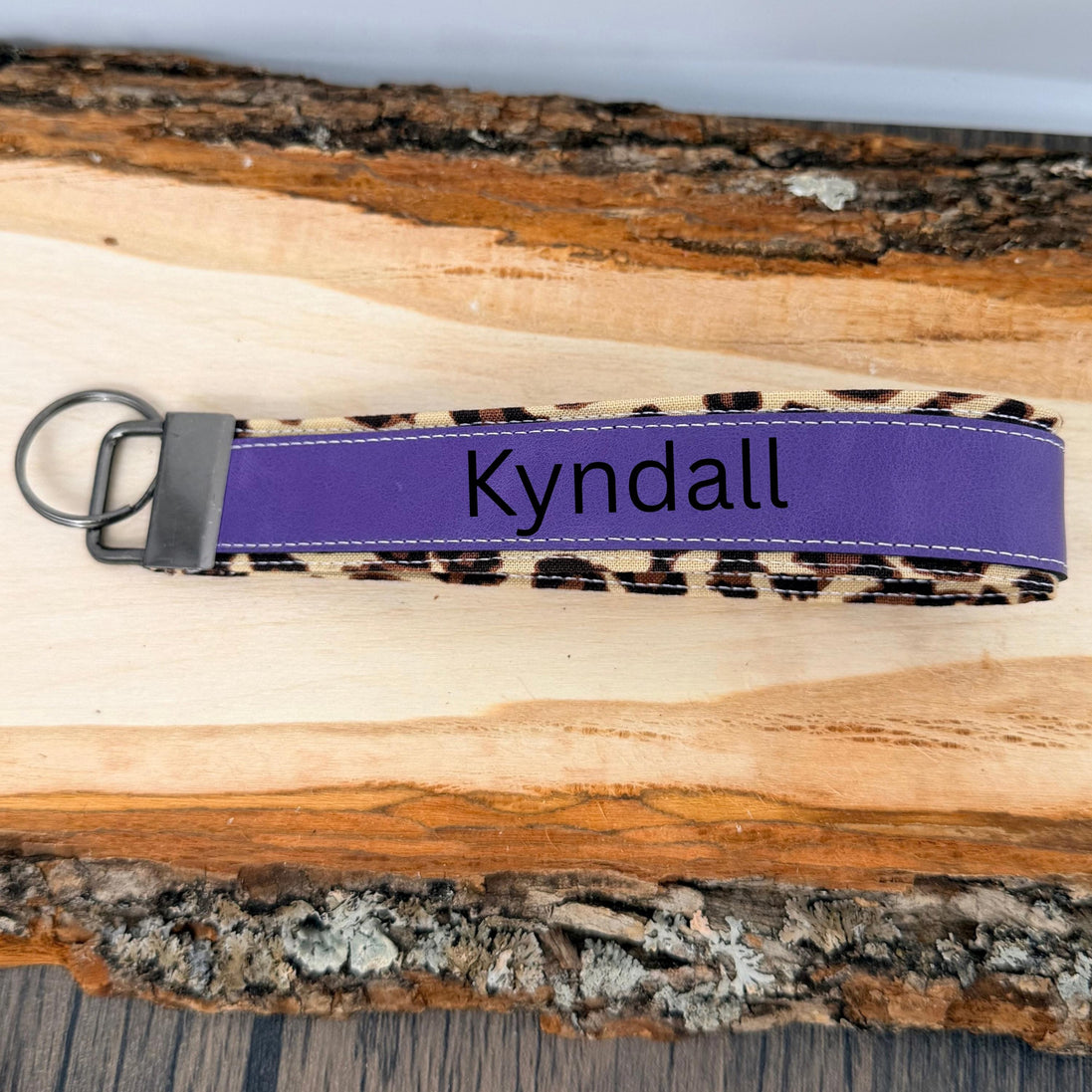 Personalized Leopard Print Wristlet Keychain, Leopard Key Fob, Custom Name Laser Engraved Leatherette Keychain, Gift for Her