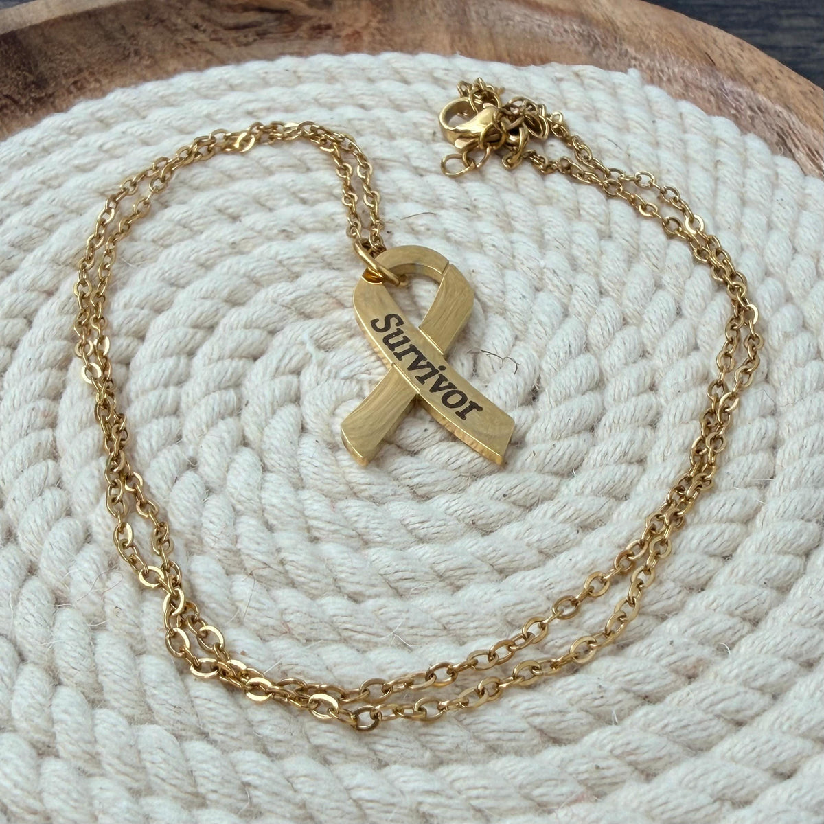 Survivor Awareness Ribbon Necklace, Laser Engraved Stainless Steel Pendant, Cancer Survivor Gift, Silver or Gold, Support Jewelry
